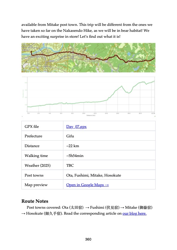 A page from the Nakasendo Field Guide: Day 7's route map and route notes, deep in the Gifu mountains
