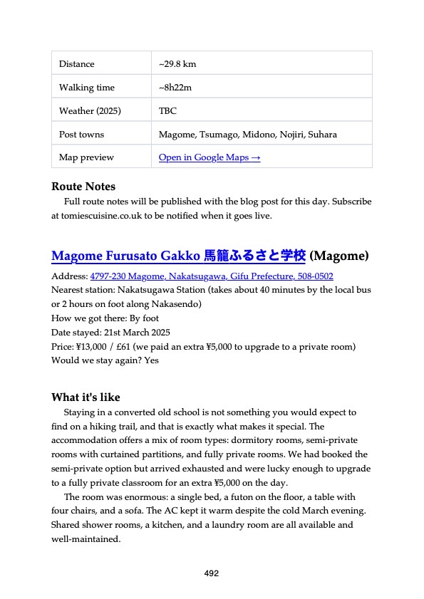A page from the Nakasendo Field Guide: the Magome Furusato Gakko accommodation entry, with price and would-we-stay-again verdict