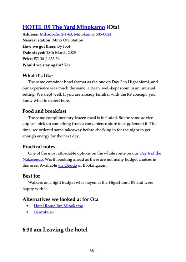 A page from the Nakasendo Field Guide: the Hotel R9 The Yard Minokamo accommodation entry near Ota