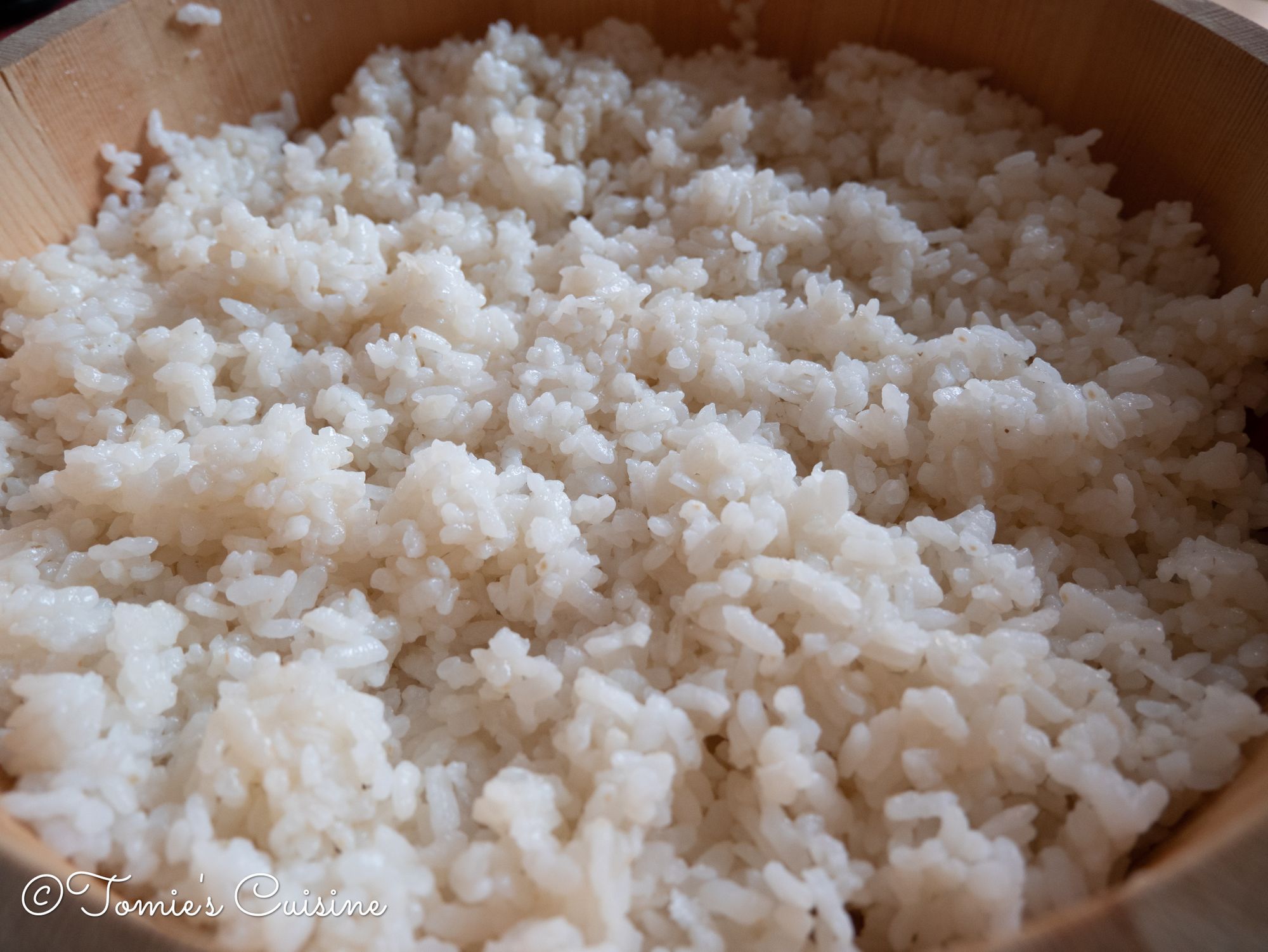 Last result of the sushi rice. Can you see? The rice is a little bit shiny.