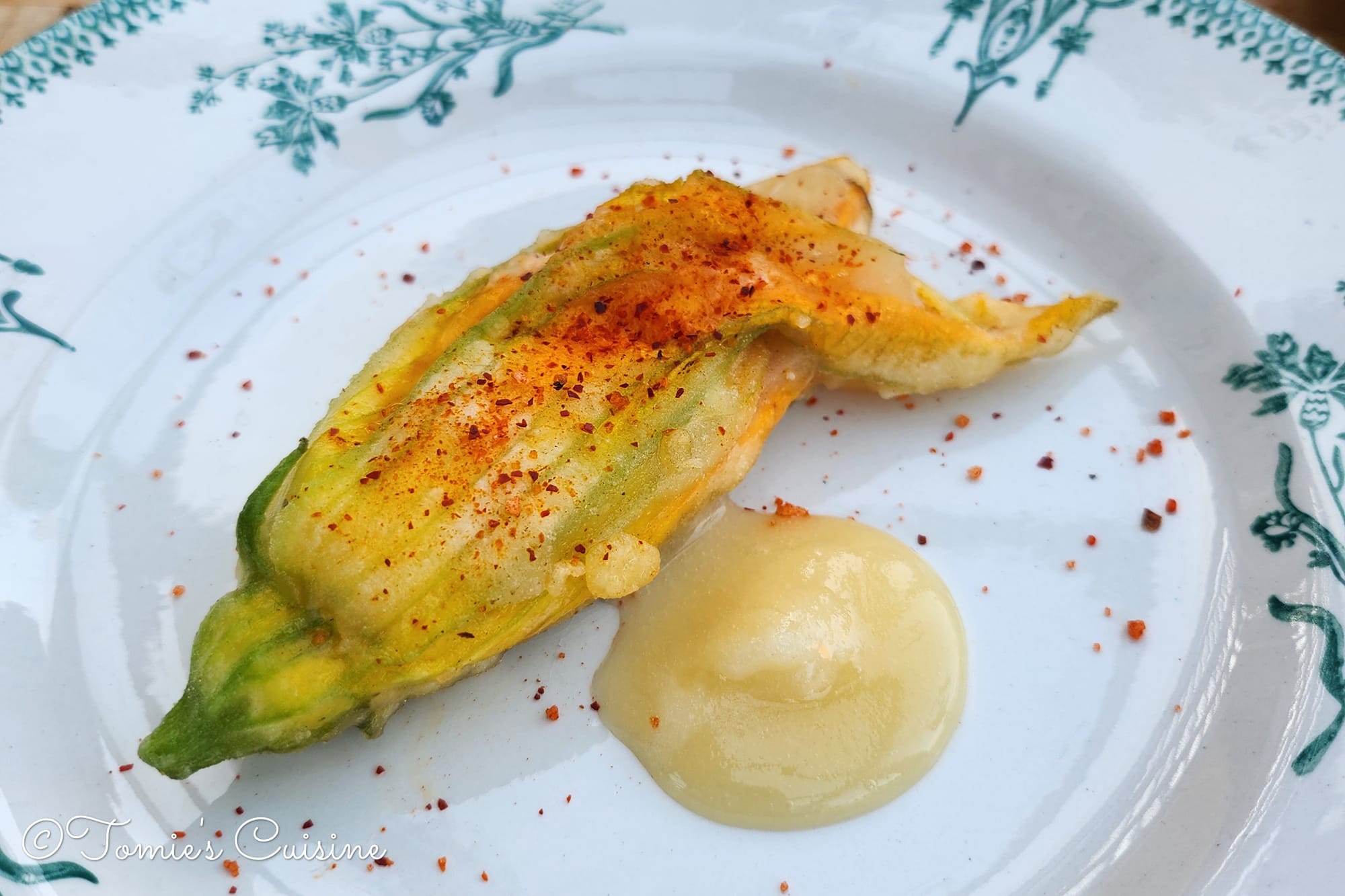 Fromage brebis stuffed courgette flower with Piment d'Esperette and local honey